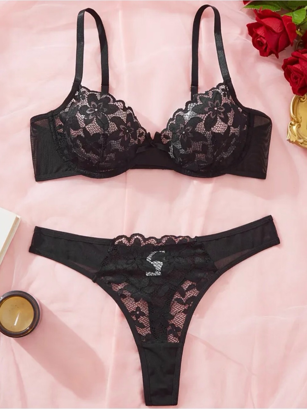Black Lace Underwire Bra & Thong Set - Women's Intimates
